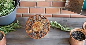 Round Hand Carved Wooden Leaf Pattern <b>Coaster</b> Perfect For Hot Utensils Tea Cups And Elegant Natural Table Decor - Product Image 4