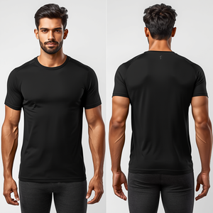 T-shirt de sport pour homme noir uni en polyester 220 GSM à séchage rapide, coupe ajustée, manches courtes, avec poche, col ras du cou, vente en gros - Product Image 2