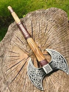 Hacha de doble hoja estilo vikingo, cabeza de acero forjado, mango de madera, funda de cuero, diseño de nudo celta, herramienta de caza para exteriores - Product Image 2
