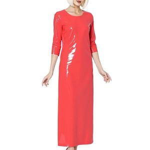 Red PU <b>Maxi</b> <b>Dress</b> O-Neck Three Quarter Sleeve Sheath Fitted Party Wear Solid Color All Seasons - Product Image 3