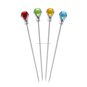 Juego de selecciones de cóctel de acero inoxidable de seis piezas con acabado de pulido brillante cabeza de diamante colorida para frutas de arpón - Product Image 3