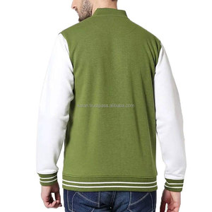 <b>Men's</b> Green <b>White</b> Sleeve Varsity <b>Jacket</b> Zipper Stand Collar Casual Fleece Polyester Cotton Autumn Wear - Product Image 2