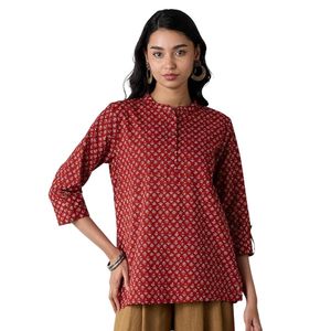 Women's <b>Red</b> Printed Mandarin Collar Three Quarter Sleeve Casual Pullover Top - Product Image 1