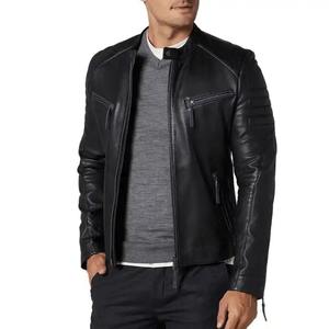 Veste en cuir véritable noire pour homme, coupe slim, style motard, fermeture éclair, col montant, mode décontractée, streetwear - Product Image 4