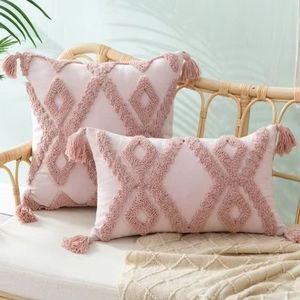 Cojines Decorativos Bohemios de Algodón Bordado con Patrón Geométrico, Rectangulares, Color Rosa, con Borlas, para Sala de Estar y Sofá - Product Image 6