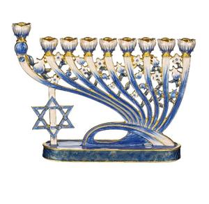 Menorah Pintada a Mano con Diseño de Granada, Adornada con Joyas y Bañada en Oro, con Flores Azules en Mosaico - Product Image 1