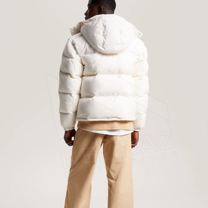 Men's <b>White</b> Hooded Puffer <b>Jacket</b> Stand Collar Zipper <b>Waterproof</b> Front Logo Windproof Winter Casual Coat - Product Image 3