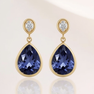 Boucles d'oreilles clous en or massif 18 carats avec tanzanite poire sertie et diamants, bijoux fins de luxe tendance en platine, OEM - Product Image 1