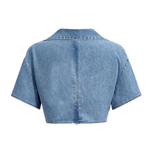 Men's Light Blue Denim Cropped Shirt Turn-down Collar Short Sleeve Casual Summer Wear - Product Image 1