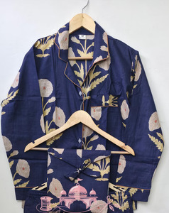 Conjunto de Pijama de Algodón Estampado a Mano con Flores Azules Marinos para Mujer, Transpirable, de Secado Rápido, Elegante, de Manga Larga, para Verano, Otoño y Primavera - Product Image 1