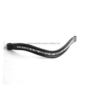 Bande de sourcil de cheval en cuir noir souple et rembourré, forme incurvée, design personnalisé, avec des cristaux précieux, motif arc-en-ciel - Product Image 3