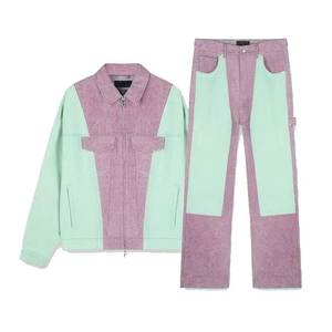 Conjunto Deportivo Unisex Estilo Urbano, Bloques de Color Verde y Morado, Manga Larga, Cierre de Cremallera, Diseño de Parches, Ropa de Primavera para Adultos - Product Image 2