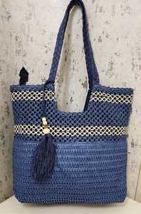 Blue Summer Fashion Woven <b>Straw</b> Tote Shoulder <b>Bag</b> with Polyester Lining Zipper Closure Tassel Handle for Beach Travel Daily Use - Product Image 1