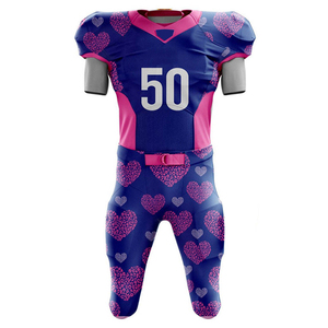 Custom Sublimated Football Uniform Set Men's Blue <b>Pink</b> Heart Pattern Jersey Pants 50 Moisture Wicking Fitted Short Sleeve - Product Image 1