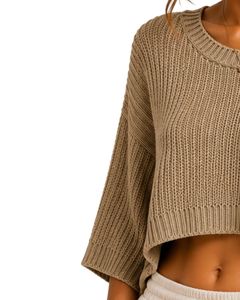 Pull court tricoté oversize kaki pour femme, coupe ample, manches courtes, léger et respirant, idéal pour l'été, style décontracté et tendance - Product Image 3