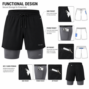Custom Solid <b>Black</b> Men's 2-in-1 Performance Shorts Mid Waist Double Layer Quick Dry Sporty Running Shorts with Pockets - Product Image 3
