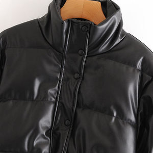 Black PU Puffer <b>Jacket</b> Stand Collar Button Closure Short Length Winter Coat Unisex Casual Waterproof Thick Quilted - Product Image 5