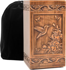 Handmade Wooden Engraved Urn <b>for</b> Human Bone <b>Ashes</b> 250lbs Adult Male Female with Satin Bag Hummingbird Cremation urns <b>Box</b> - Product Image 1
