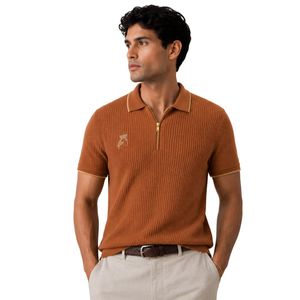 Brown <b>Orange</b> Men Knitted <b>Polo</b> Shirt Gold Zipper Short Sleeve Luxury Casual Textured Fabric Custom Logo Designer Golf Shirt OEM - Product Image 1