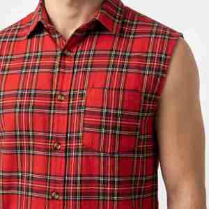 เสื้อเชิ้ตแขนกุดลายสก็อตผู้ชายไซส์ใหญ่ขายดี สีแดง สไตล์ลำลอง ปกคอพับ ผ้าฝ้ายทอระบายอากาศดี สไตล์ฤดูใบไม้ร่วง - Product Image 5