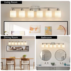 Lampada da Parete per Bagno a 6 Luci in Nichel da 38 Pollici con Paralume in Vetro Bianco Opaco, Illuminazione Elegante per Vanità - Product Image 4
