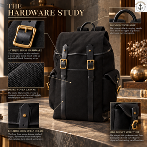 Sac à dos à rabat en toile noire avec boucles en laiton et poches latérales |   Sac à dos de style vintage avec poignée supérieure arrondie et sangles avant - Product Image 5
