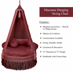 Hamac suspendu en macramé marron 72"X33" avec coussin en velours, pompons et corde pour intérieur, extérieur, jardin, chambre - Product Image 6