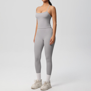 Conjunto Deportivo de Yoga a Cuadros para Mujer con Chaleco y Leggings, Cintura Elástica Ajustada, Transpirable, Spandex/Nailon - Product Image 4