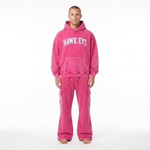Men's <b>Pink</b> Hooded <b>Tracksuit</b> Full Sleeve Casual Sweatshirt And Pant Custom Front Logo Loose Fit Winter Wear - Product Image 5