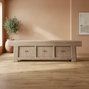 Meuble TV vintage en bois d'orme rustique à trois portes, console multimédia antique, meuble de rangement avec cadre robuste pour salon - Product Image 4