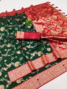 Sari en soie Banarasi de luxe, doux et soyeux, avec bordure de designer, réversible, protection solaire, pour les occasions de mariage - Product Image 3