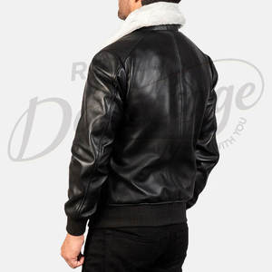 Chaqueta Bomber de Cuero Negra Premium para Hombre con Cuello de Piel Sintética Blanca, Chaqueta de Piloto Cálida para Invierno, Corte Ajustado - Product Image 2