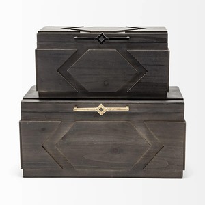 Ensemble de boîtes de rangement en bois modernes, 2 couches, rectangulaires, design sculpté, empilables, conteneurs pour articles divers, finition foncée, motif géométrique - Product Image 3