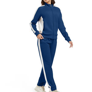 Women's Blue <b>2</b>-<b>Piece</b> Tracksuit Full Sleeve Knitted Sportswear <b>Set</b> with <b>White</b> Side Stripe panel Casual Wear All Seasons Regular - Product Image 3