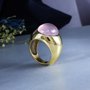 18K Gold Plated Brass Rose Quartz <b>Dome</b> <b>Ring</b> | Vintage Chunky Gemstone Statement Jewelry - Product Image 3