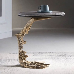 Table basse ronde en laiton moderne faite à la main avec structure métallique durable, design minimaliste pour salon, couleur turquoise - Product Image 3