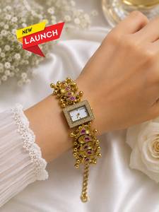 Designer Traditional Gold Plated Ethnic Wrist <b>Watch</b> Bracelet For Women <b>Rectangular</b> White Dial Studded With Sparkling Crystals - Product Image 2