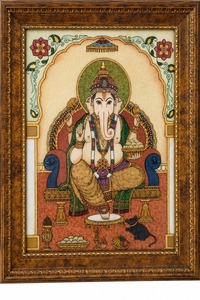 Traditional Indian Handcrafted Gemstone Dust Painting <b>Framed</b> Lord Ganesha Wall Art <b>Canvas</b> Glass Board Hindu God For Home Decor - Product Image 3