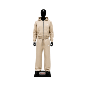 Ensemble de survêtement premium beige à capuche zippé pour homme, personnalisable avec logo, en molleton décontracté, deux pièces, style streetwear et sportswear, vente en gros - Product Image 1