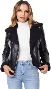 Women's Sheep Skin Knitted Breathable Waterproof Moto <b>Jacket</b> Full <b>Sleeve</b> Zipper Closure O-Neck Solid Color <b>Short</b> Length Winter - Product Image 3