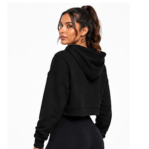 Sweat-shirt à capuche court pour femme, couleur unie, manches longues, décontracté, pour l'automne, respirant, en tricot de coton et élasthanne, manches complètes - Product Image 2