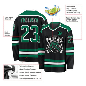 Camiseta de Hockey sobre Hielo Negra y Verde con Logotipo Personalizado al por Mayor, Cuello en V, Manga Larga, Impresión Sublimada, Transpirable, de Poliéster, para Hombre Adulto - Product Image 3