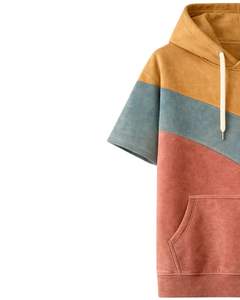 เสื้อฮู้ดแขนสั้นผู้ชาย สีมัสตาร์ด เทอล และสีน้ำตาลสนิม แบบคัลเลอร์บล็อก ผ้าฝ้ายฟลีซ สไตล์ลำลอง สตรีทแวร์ มีกระเป๋าจิงโจ้ - Product Image 2