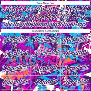 Maillot de baseball personnalisé sublimé unisexe à manches courtes, imprimé graffiti violet rose, respirant en polyester, pour adulte, toutes saisons, avec nom d'équipe - Product Image 3