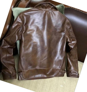 Blouson aviateur en cuir véritable pour homme, style motard, col rabattu, fermeture éclair, couleur unie, vêtement d'automne - Product Image 2