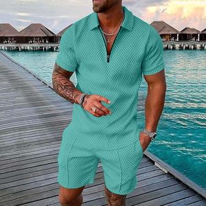 Ensemble chemise polo et short pour homme, en tricot brodé turquoise uni, respirant, pour l'été, tenue formelle - Product Image 1