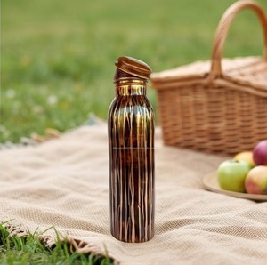 Handmade Retro Copper Water Bottle with Screw-On Lid Brown Gold Striped Pattern <b>Metal</b> Drinkware - Product Image 5