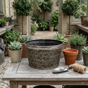 Metal Round <b>Ceramic</b> Look <b>Flower</b> <b>Pot</b> with Diamond Pattern Glazed Finish Handmade Planter for Indoor Outdoor Use - Product Image 2