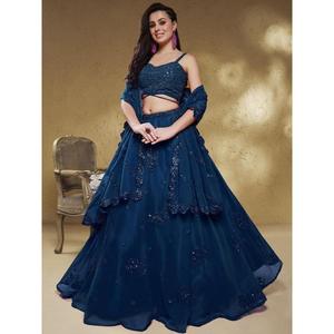 Deslumbrante azul marino bordado Georgette desgaste de la boda Lehenga Choli - Product Image 5