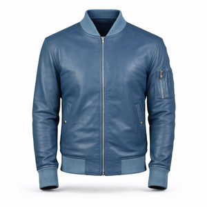 SAAR INDUSTRIES Unisex Blue Genuine Leather Classic Zip Bomber <b>Jacket</b> Waterproof Windproof Eco-Friendly Breathable Casual - Product Image 1
